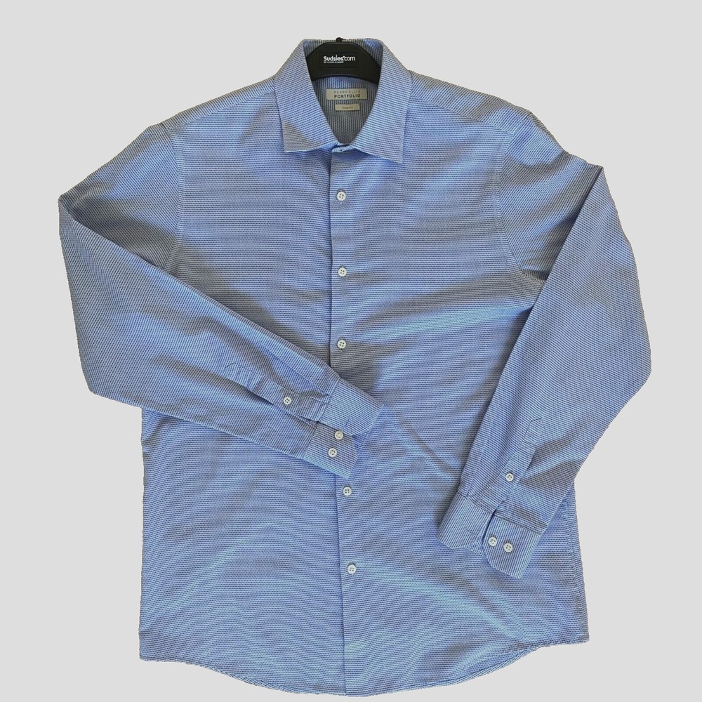 Perry Ellis Portfolio Mens Slim Fit‎ Dress Shirt Blue Micro Dot Pattern 16 34/35